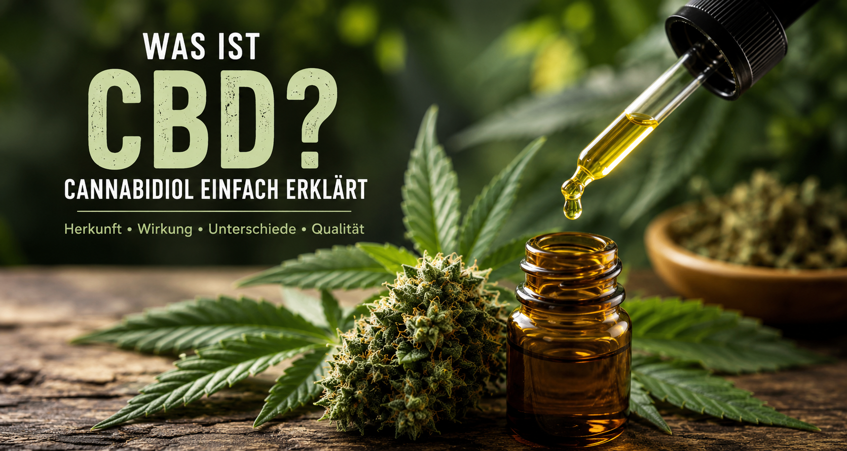 Was ist CBD? Cannabidiol einfach erklärt mit CBD Öl, Hanfblüte und Cannabispflanze
