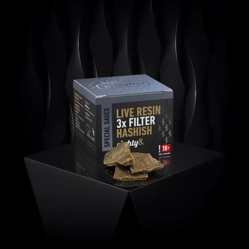 Eighty Live Resin 3x Filter Hashish box with filtered resin pieces on a dark background.
