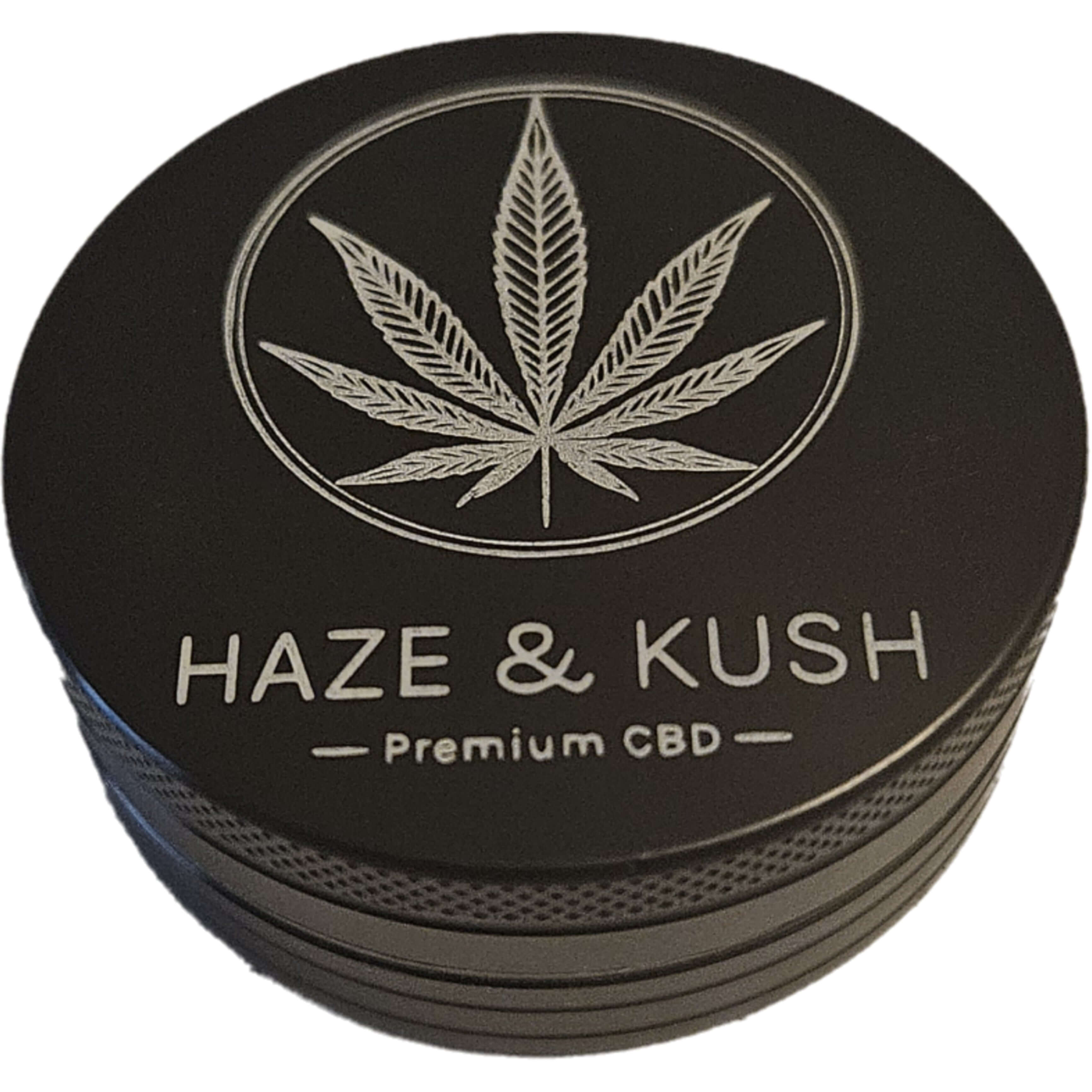 Alu CNC Grinder from Haze & Kush, featuring a premium CBD logo and sleek hard anodised design.
