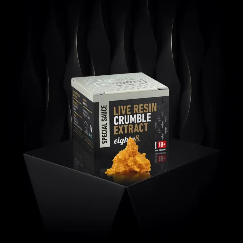 Live Resin Crumble Extract by Eighty8 showcased on a dark surface, highlighting its intense flavor and potency.