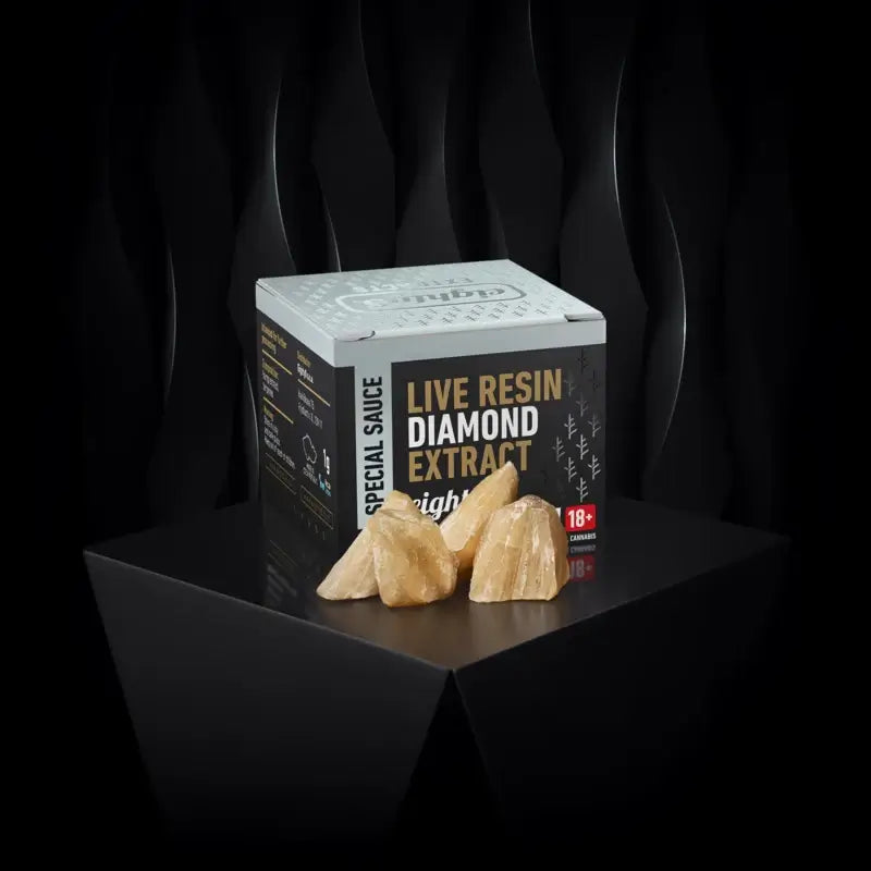 Eighty Live Resin Diamonds box with crystals on a sleek black surface, showcasing high-quality CBD extract.